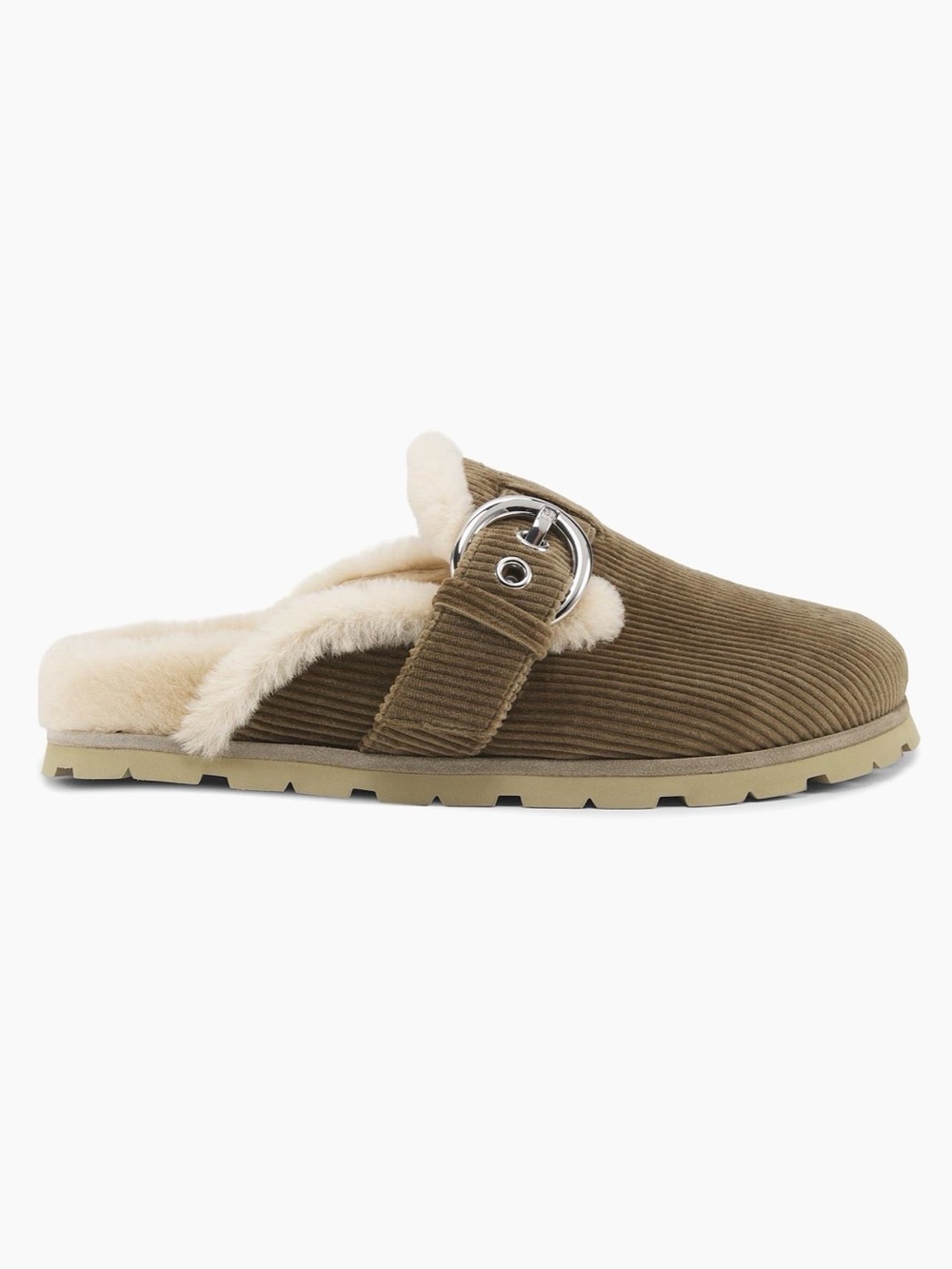 Stuart Weitzman Smokey Taupe Vanilla Fur-Lined Mule with Buckle